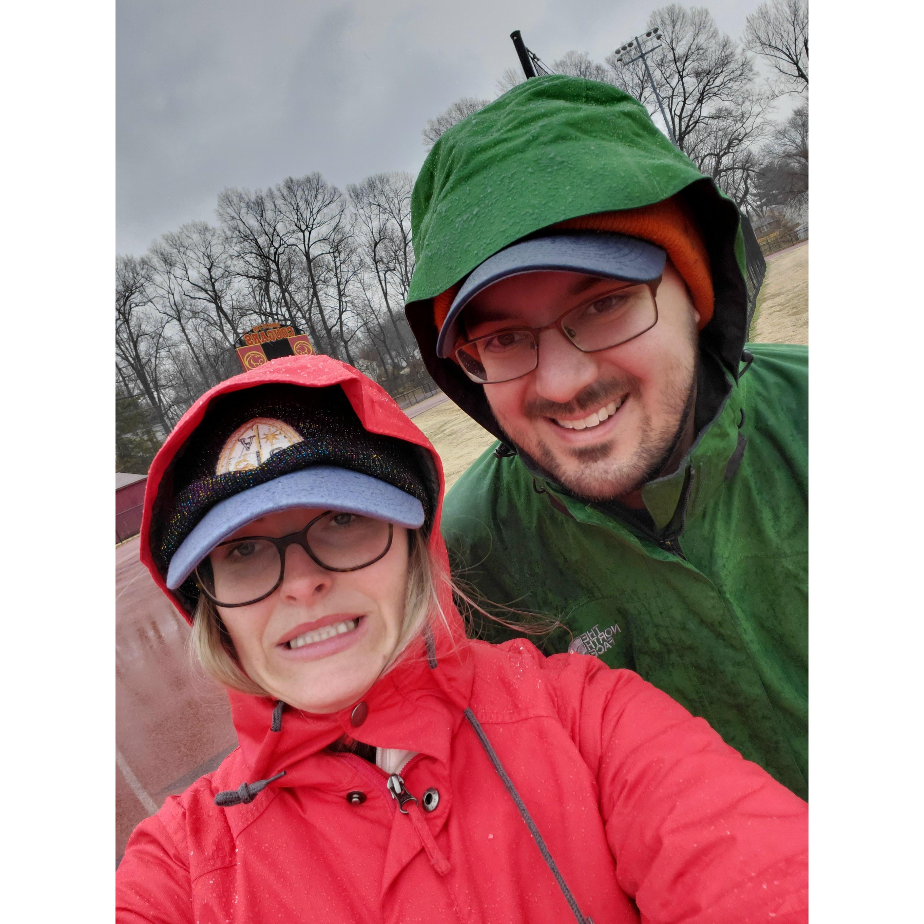 Keeping up with our daily Covid walks during some sleet and snow