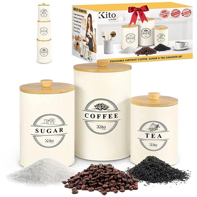 Kito LIVING Canister Sets for Kitchen Counter 3 Piece, Airtight Sugar Tea Coffee Canisters with Wooden Bamboo Lids, Steel Food Storage Containers for Pantry Organization, Cream