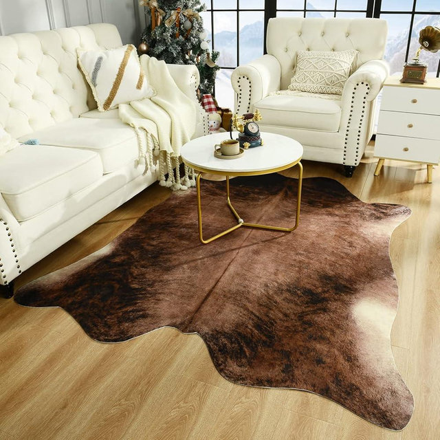 Easycozy Faux Cowhide Large Cow Print Rug - 4.7 x 5.2 Feet, Thickened Elastic for Bedroom, Living Room, Home Office, Western Decor