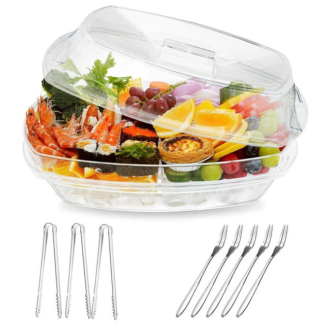 Luckore Ice Serving Tray, 15.1" Chilled Serving Tray, 3 Layers Chilled Veggie Tray with Lid, Stackable Ice Chilled Party Platter with 4 Compartments, Appetizer Serving Tray for Shrimp, Fruits, Veggies