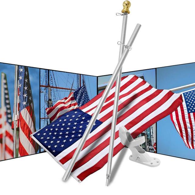 GZ622 American Flag & Pole Kit - 3x5 Ft Polyester US Flag with Stitched Stripes Embroidered Stars, Brass Grommets - 360° Spinning Flag Pole & Double Adjustable Flagpole Holder