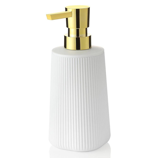 Small Soap Dispenser for Bathroom and Kitchen, Modern Farmhouse Striped Style Plastic Hand Soap Dish Soap Dispenser with Pump Matte White and Gold