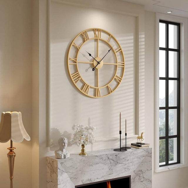 Gold Wall Clock, 24 Inch Large Wall Clock for Living Room Kitchen Mantel, Completely Silent Non Ticking Battery-Operated Metal Round Luxury Decorative Modern Clock - Roman Number