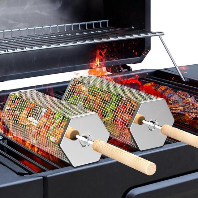 Ivtivfu Nesting Grill Baskets (2PCS, 2024), Removable Wooden Handle, 304 Stainless Steel, Rolling Grilling Net, BBQ Accessories Tools for Vegetables Shrimp, Outdoor Cooking Camping, Gifts for Men Dad Husband