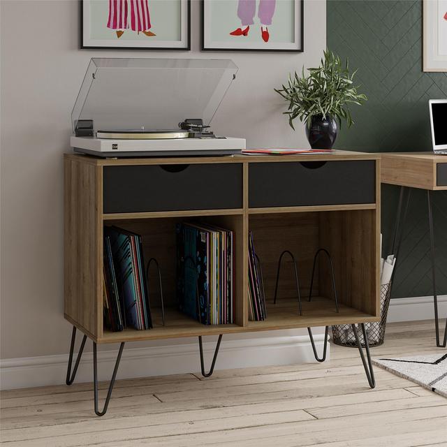 Novogratz Concord Turntable Stand with Drawers, Natural/Black