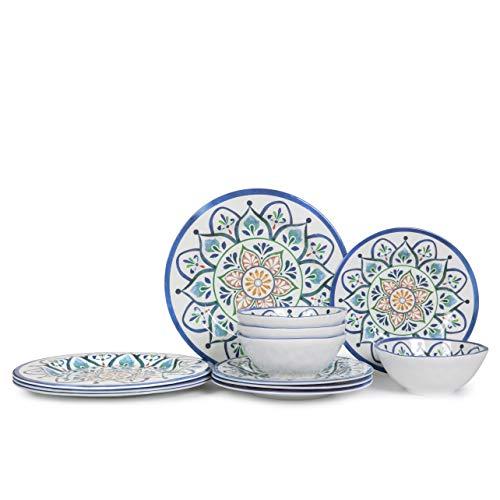 Melamine Dinnerware Set - 12 Pcs Plates and Bowls sets, Melamine dishes, Camping plates, Dishwasher Safe, Break-resistant