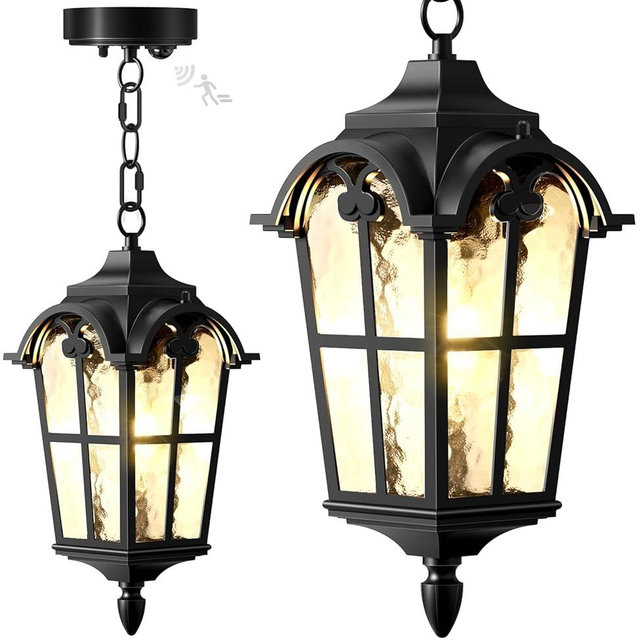 Slypadan Motion Sensor Outdoor Pendant Light Modern Exterior Hanging Porch Lantern,15.5" Anti-Rust Aluminum Outside Chandelier Black Ceiling Mount for Patio Front Door Porch Entryway Foyer Gazebo