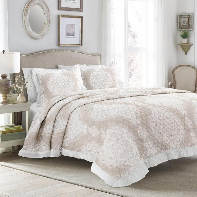 Full/Queen 3pc Lucianna Ruffle Edge Cotton Bedspread Set Taupe - Lush Décor