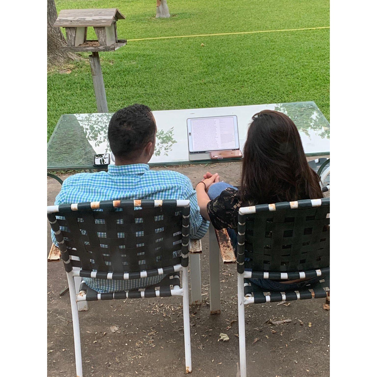 Ecclesiastes 4:12 "A threefold cord cannot quickly be torn apart." Reading the Bible everyday together has been a strong hold in our relationship.
