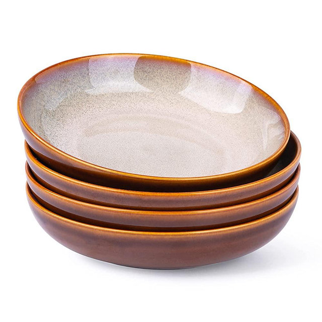 LERATIO Large Pasta Bowls,38oz Ceramic Pasta Bowls,9.0" Reactive Glaze Pasta Bowl Set of 4,Microwave & Dishwasher,Oven Safe,Wide Serving Bowls for Salad,Dessert,Fruit,Scratch Resistant-Khaki