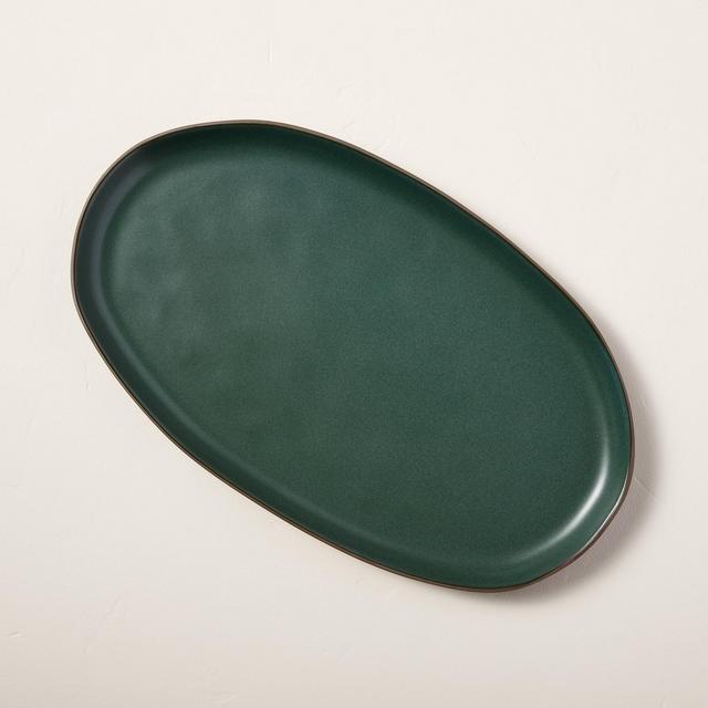 Stoneware Exposed Rim Oval Serving Platter Matte Dark Green - Hearth & Hand™ with Magnolia