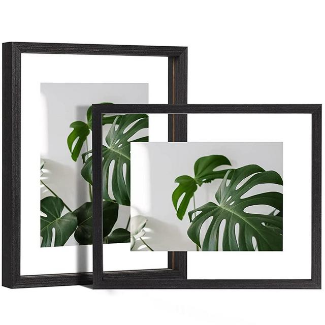 Egofine 8x10 Floating Frames Set of 2, Double Glass Picture Frame, Made of Solid Wood Display Any Size Photo up to 8x10, Wall Mount or Tabletop Standing, Rustic Black