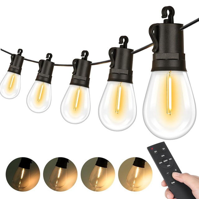 100FT LED Outdoor Patio Lights, Waterproof String Light with Remote & 32 Shatterproof S14 Vintage Bulbs(2 Spare), Connectable Commercial Outside Hanging Light for Garden, Balcony, Backyard, Bistro
