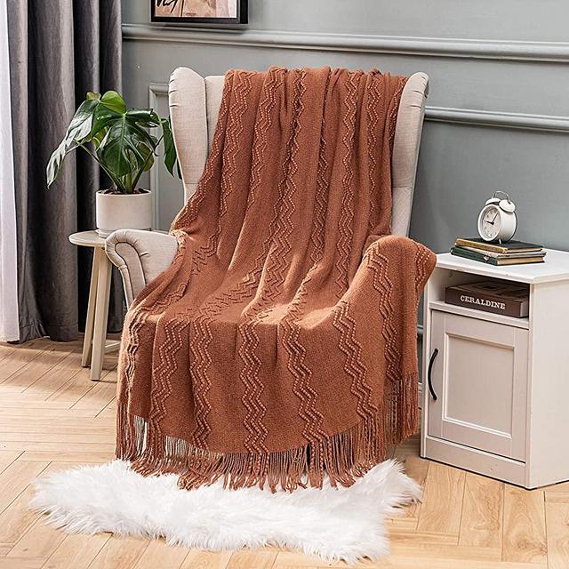 MIULEE Throw Blanket for Couch Textured Knitted Blanket with Tassels Cozy Woven Boho Bed Blanket for Sofa Bed Chair Wave Pattern 50"x60", Orange Yellow