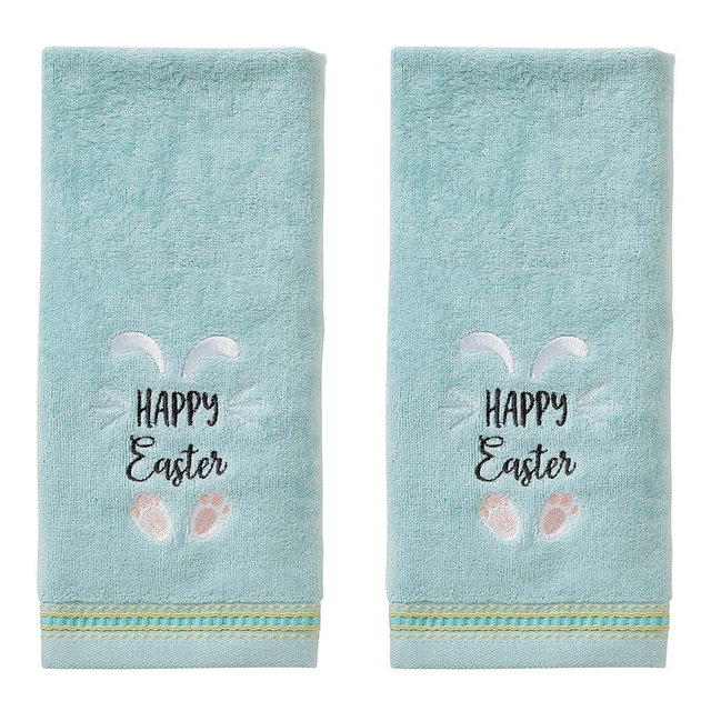 SKL Home Happy Easter Bunny Hand Towel 2pc Set for Bath/Kitchen/Bar & Gift, Aqua