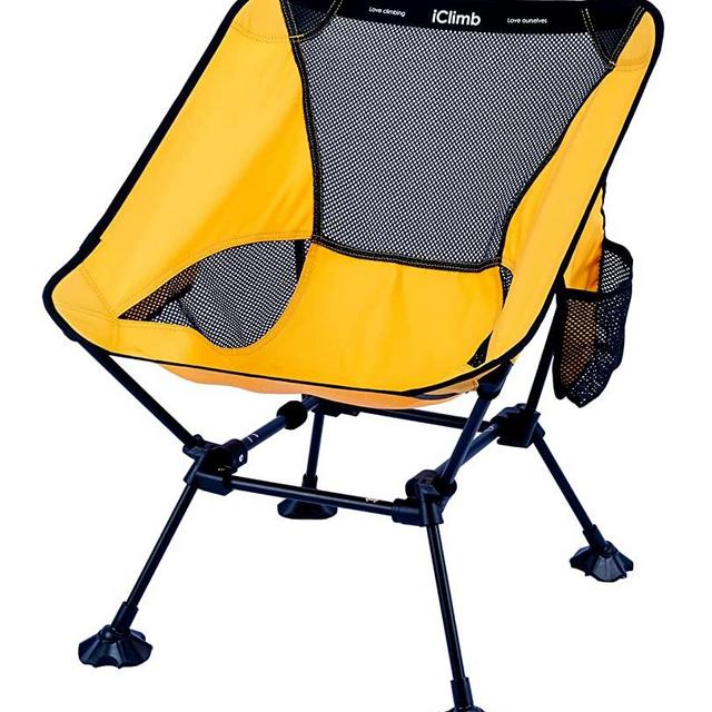 iClimb Ultralight Compact Camping Folding Beach Chair with Anti-Sinking Large Feet and Back Support Webbing (Yellow - Square Frame)