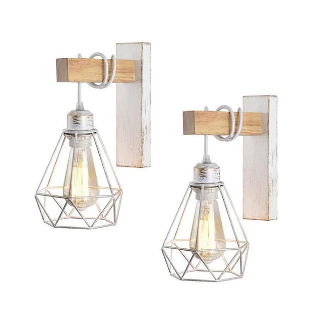 Farmhouse Wall Sconces Set of Two Wall Light Fixtures Indoor Wall Lights White Wall Sconce Lighting Metal Cage Industrial Wall Sconces Lights Wood Vintage Rustic Wall Lamps