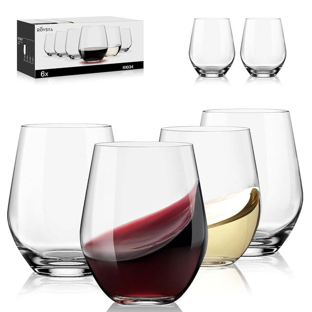 OJA Stemless Wine Glasses Set of 6, 15oz Premium Crystal Red White Wine Glasses, No Stem, Clear,Sturdy Drinking Glass for Daily Use, Birthday, Wedding, Home Party, Anniversary, Shower Gift