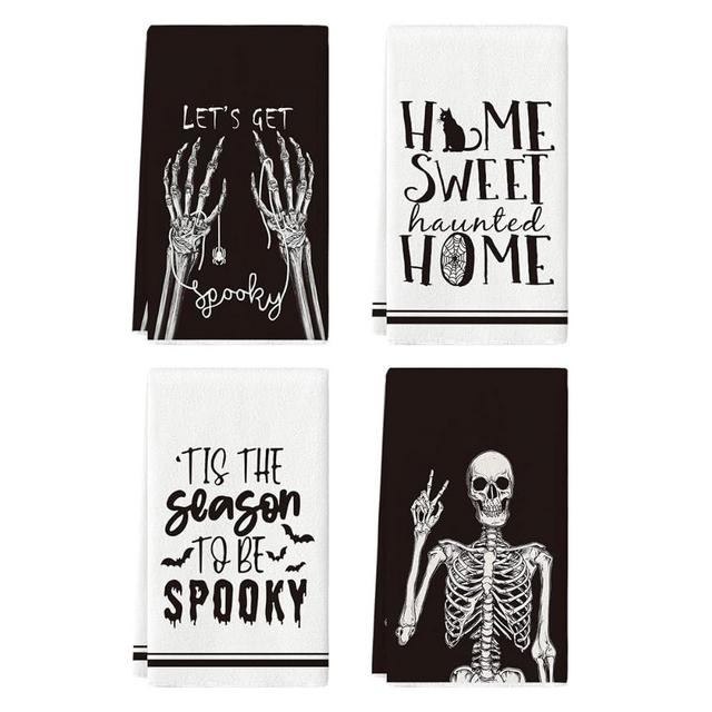 Artoid Mode Skeleton Hand Spooky Halloween Kitchen Towels Dish Towels, 18x26 Inch Let's Get Bones Decoration Hand Towels Set of 4