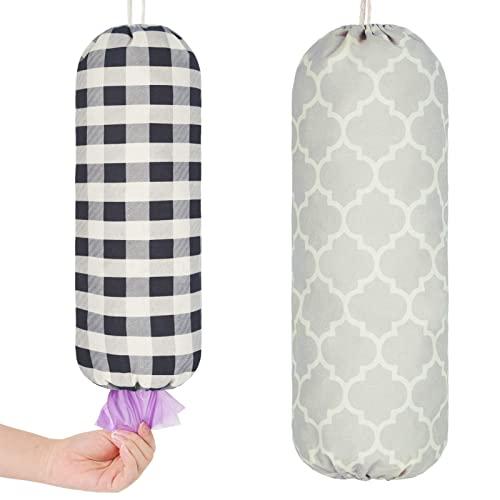 Set of 2 Plastic Bag Holder Grocery Bag Storage Holder Large Grocery Bag Shopping Bag Holder Organizer and Dispenser for Office Shopping Home Kitchen, Gray Geometric and Check Black