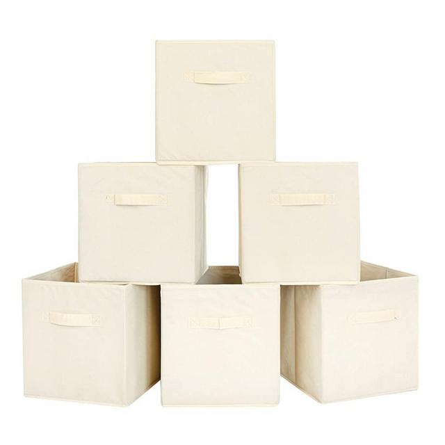 BASTUO Storage Bins 6 Boxes Non-Woven Fabric Foldable Clothes Organizer Basket Beige,Double Handles