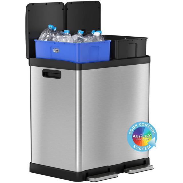iTouchless 16 Gallon Kitchen Dual Step Trash Can Recycle Bin, Stainless Steel, includes 2 x 8 Gallon (30L) Removable Inner Buckets, Soft Close Lid and Airtight, for Home, Office, Business