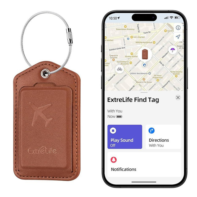 Luggage Tags, Works with Apple Find My, Smart Luggage Tag for Suitcases, Leather Bag Tags for Travel, Suitcase Tag with Privacy Flap, Anti-Lost Luggage Tracker, Travel Essentials, Rechargeable, Brown