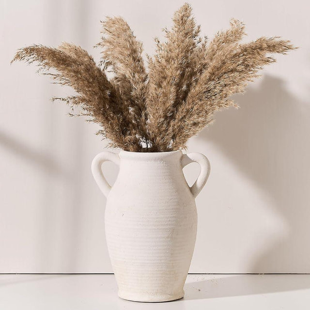 Vaseking Large Ceramic Rustic Vase with 2 Handles, 9.8 inch Farmhouse Flower Vase, Minimalist for Home Decor, Living Room, Shelf Decor, Pampas Grass, Enterway, Table Decoration, Gift, Off White