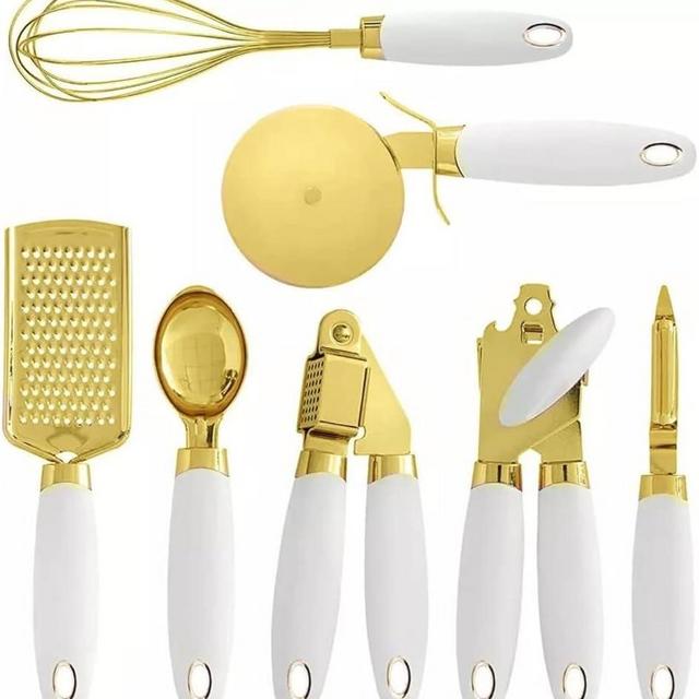 White & Gold Kitchen Tools and Gadgets - Luxe 7PC Cooking Tools and Gadgets with Anti-Slip Handles, Gold Utensils Set, Gold Kitchen Accessories,Premium Kitchen Gadget Set (Champagne gold & white)
