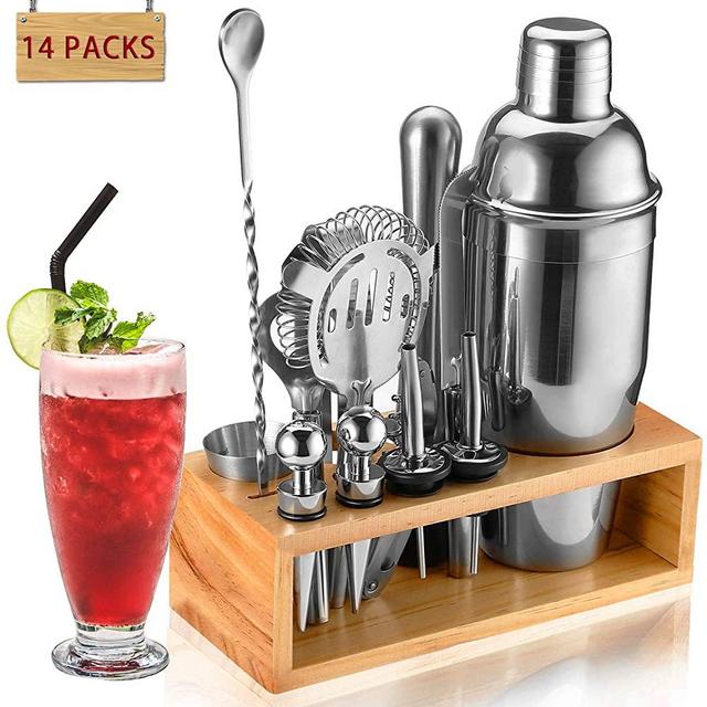 Cocktail Shaker Set Bartender Kit, NICEAO 14-Piece Bar Kit with 25oz Martini Shaker, Mixing Spoon, Double Jigger, Liquor Pourers, Muddler, Strainer and Ice Tongs, Professional Bar Mixology Set Tools
