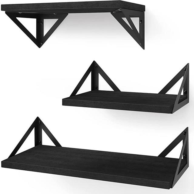 BAYKA Floating Shelves for Bedroom Decor, Rustic Wood Wall Shelves for Living Room Wall Mounted, Hanging Shelving for Bathroom, Laundry Room, Small Shelf for Plants, Books(Black,Set of 3)