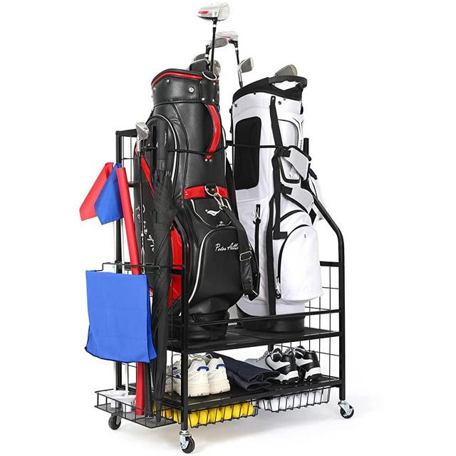 FHXZH Golf Bag Storage Garage Organizer, Golf Bag Stand Fit for 2 Golf Bags and Golf Clubs, Golf Balls, Golf Equipment Accessories, Extra Large Golf Bag Storage Rack for Garage, Club, Shed, Basement