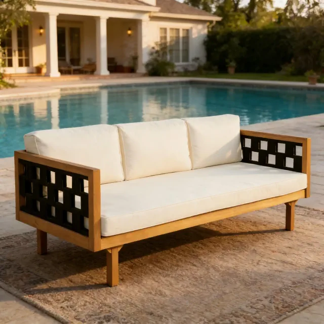 Patio Louge Sofa Outdoor Daybed Patio 3-Seat Sofa with Water-Resistant Cushion & All-Weather Acacia Wood Frame for Garden Deck, Beige+Teak -ModernLuxe