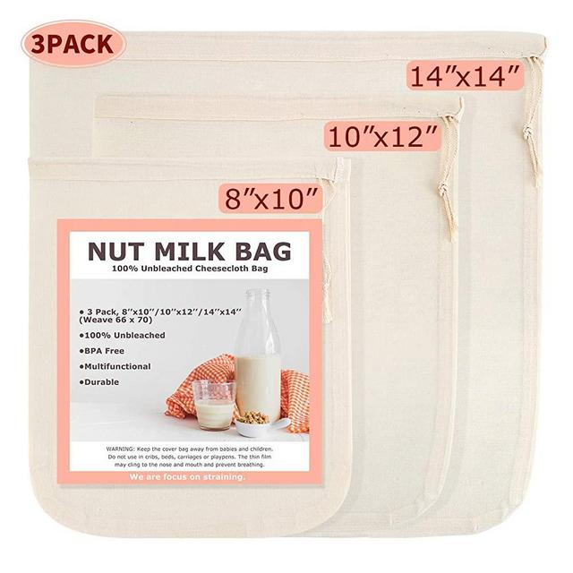 Nut Milk Bags, All Natural Cheesecloth Bags, 8"x10", 10''x12, 14''x14'', 3 Pack, 100% Unbleached Cotton Cloth Bags for Cheese/Yogurt/Juice/Herbs, Washable Reusable Almond Milk Strainer(Weave 66x70)