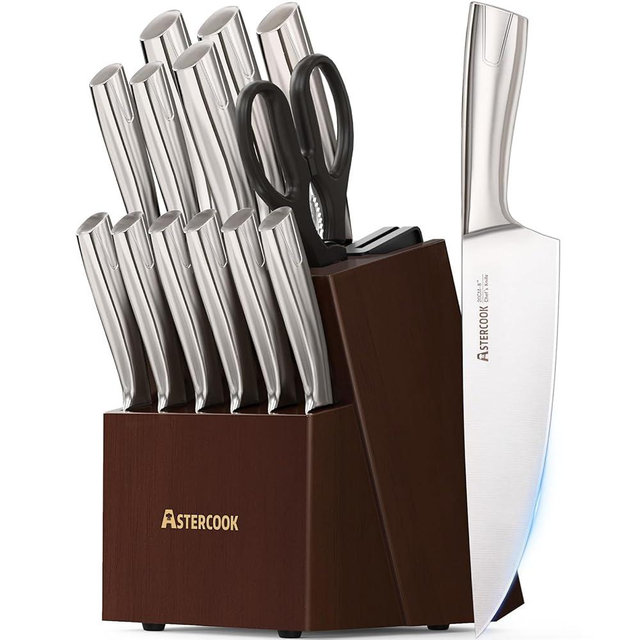 Astercook Knife Set, Kitchen Knives Set with Block and Sharpener Full Tang 15 Pcs Premium Stainless Steel Knives Ultra Sharp Blade Dishwasher Safe Knife Set with Anti-slip Ergonomic Handle, Walnut