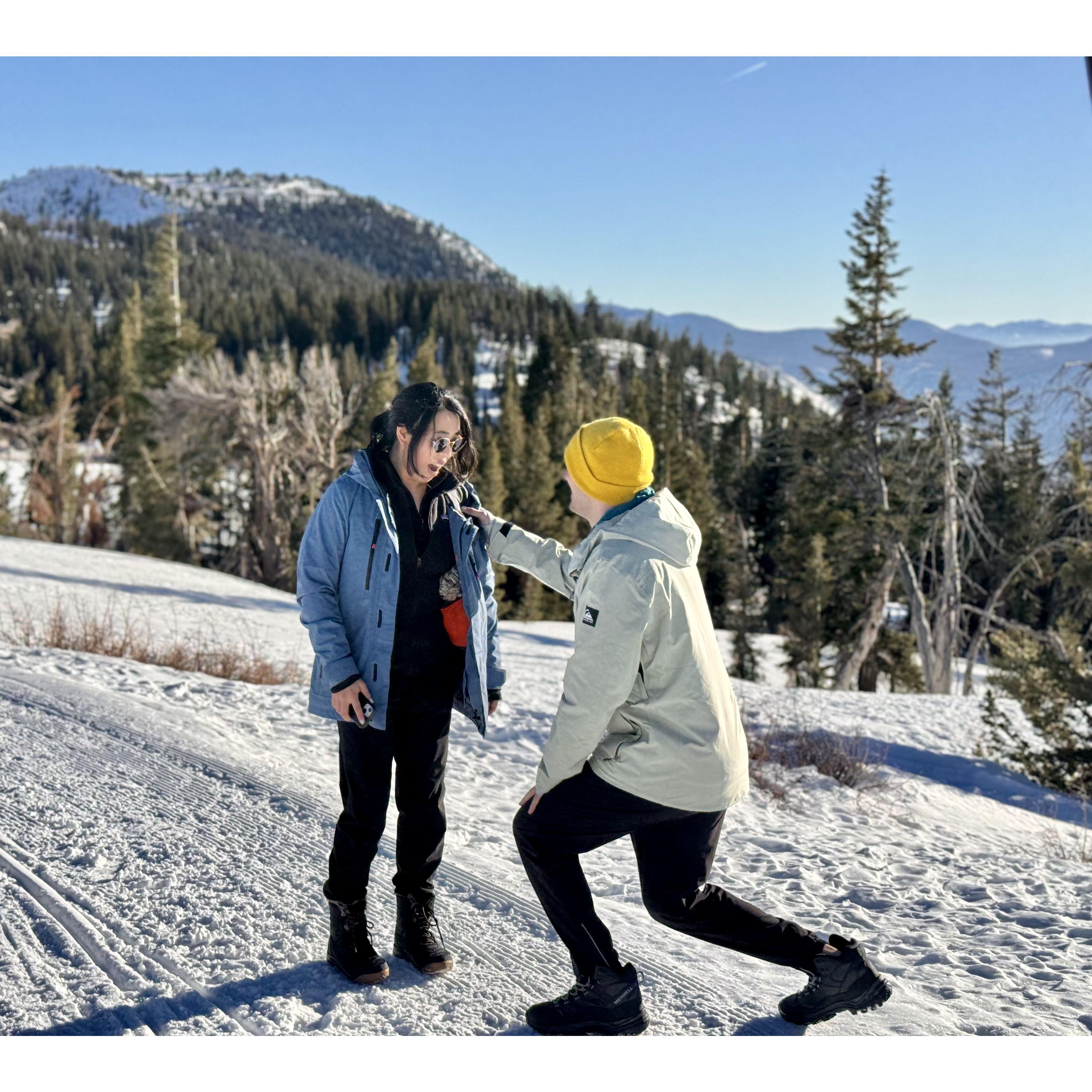 Sergei started proposing to Shelly after a 3 mile hike to the vista point, she was properly surprised! (photo credit: Nikita & Sveta. January 2024)