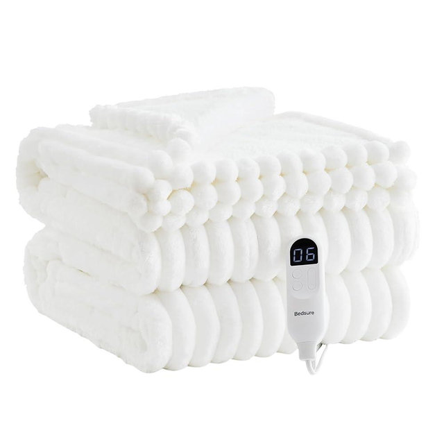 Bedsure Electric Blanket Twin - Thick Striped Flannel Electric Blanket, Heating with 10 Time Settings, 6 Heat Settings, and 8-Hour Timer Auto Shut Off, Gift for Grandma (62x84 inches, White)