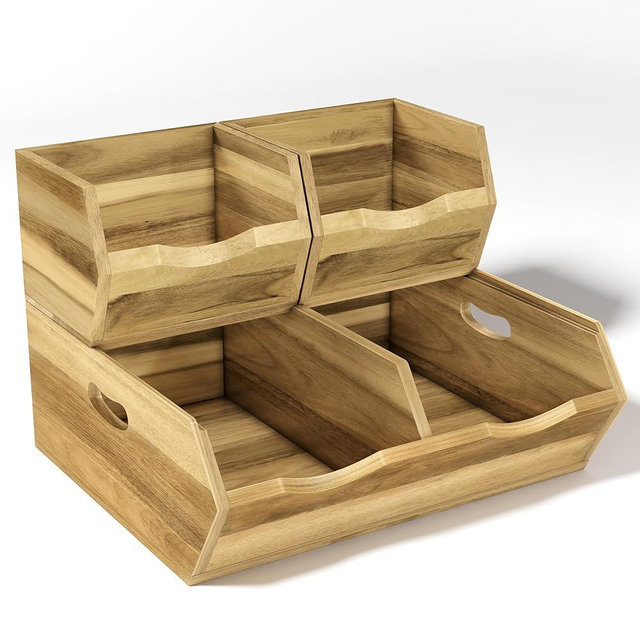 HOMESTEAD Wood Pantry Organizers Bins – Stackable Storage, Rustic Pantry Potato and Onion Storage with Unique Natural Grain, Wooden Basket with Handles, Set of 3 Pieces