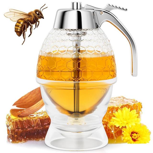 Honey Dispenser No Drip Glass 8 oz, Maple Syrup Dispenser, Honey Jar with Stand, Beautiful Honey Comb Shaped Honey Pot, Perfect Bee Decoration for Home Kitchen