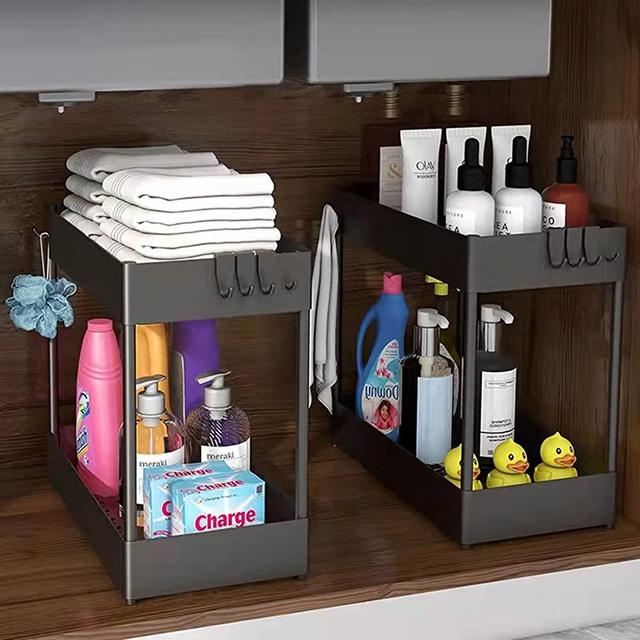 HANAMO 2PCS Under Sink Organizers Bathroom Organizer Under Sink Organizers and Storage 2-Tiers Under Kitchen Sink Organizers Multi-pupose Under Cabinet Organizer Under Sink Shelf with 10 Hooks