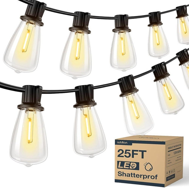 addlon 25FT LED Outdoor String Lights Waterproof Patio Lights with 9 Shatterproof ST38 Replaceable Bulbs(1 Spare), Dimmable Outside Hanging Lights Connectable for Porch, Backyard, 2200K Warm Yellow