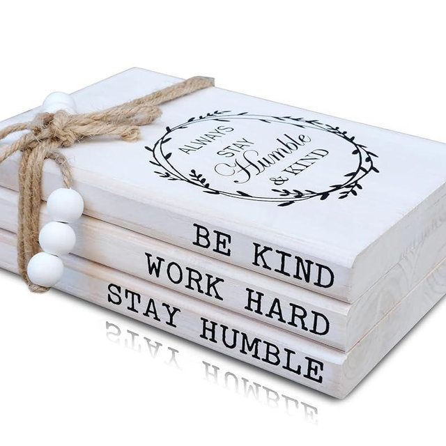 LIVDUCOT Wooden Decorative Books for Home Decor, White Faux Books for Rustic Decoration, Farmhouse Stacked Book Decor for Living Room, Entryway, Bookshelf （Be Kind Work Hard Stay Humble）