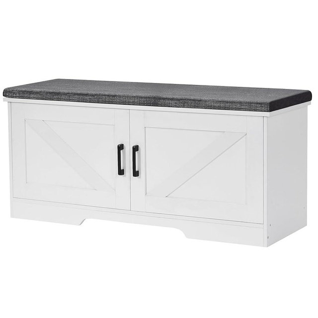 HOMSHO 2-Tier Storage Bench,Shoe Bench with Padded Seat Cushion, Entryway Bench with 2 Barn Doors,Adjustable Shelf, 39.4" L x 13.8" W x 17.7" H, for Entryway, Living Room, Bedroom,White