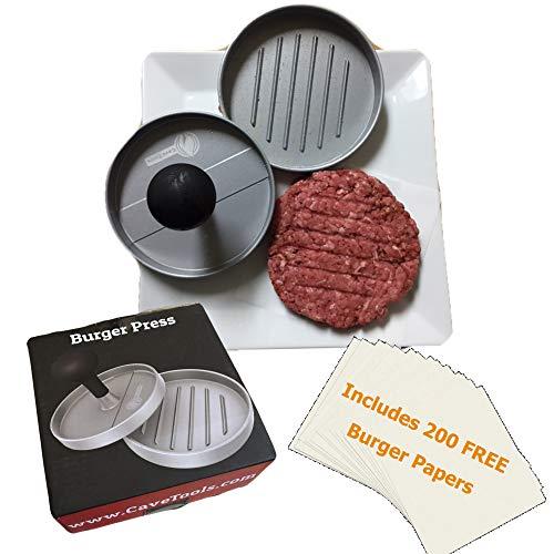 Cave Tools Burger Press - Perfectly Formed Hamburger Maker - Includes 200 Non Stick Patty Papers for Making Quarter Lb or Large 1/3 Pound Stuffed Pocket Burgers - Best Aluminum Presser BBQ Gift Idea