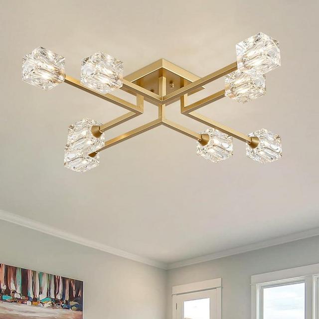 peskoe 8-Light Gold Sputnik Chandelier Semi Flush Mount Ceiling Light Fixture, Modern Farmhouse Chandeliers for Dining Room Bedroom Kitchen Hallway Office Living Room, 32"