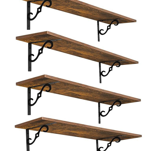DINZI LVJ Long Wall Shelves, 31.5 Inch Large Floating Shelves Set of 4, Wide Display Shelf Wall Mounted with Brackets, Easy Hanging for Living Room, Toilet, Office, Bedroom, Rustic Brown