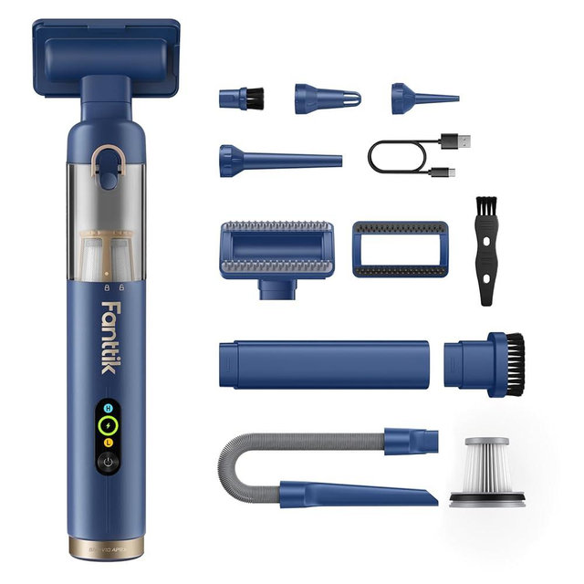 Fanttik Slim V10 APEX Cordless Car Vacuum, 4-in-1 Portable Mini Handheld Vac, 19kPa Suction Power, Upgraded Smart Digital Display, 2 Suction Modes for Small Jobs, Car, Office Desk, Keyboards (Blue)