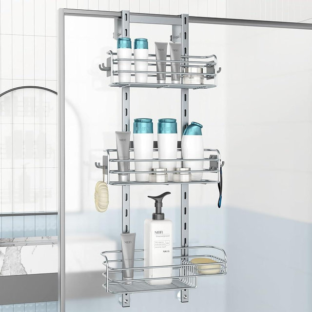 Nieifi Over The Door Shower Caddy Pantry Organizer Rack, Adjustable Hanging Shower Organizer Shelf Basket Storage Rack, Bathroom Shelves Drill Free Extra Large, Silver
