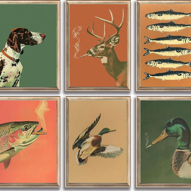 6pcs Vintage Hunting Wall Art Mallard Duck Deer Posters Prints Wild Animal Canvas Wall Decor Rustic Hunting Dog Fishing Painting Pictures for Hunter Living Room Bedroom Decoration Unframed