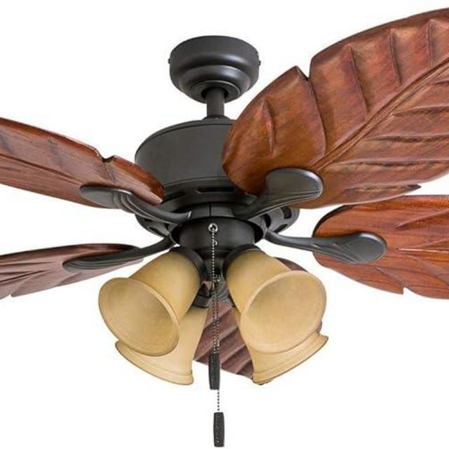 Honeywell Ceiling Fans Royal Palm, 52 Inch Tropical LED Ceiling Fan with Light, Pull Chain, Three Mounting Options, Hand Carved Solid Wood Blades - Model 50503-01 (Bronze)